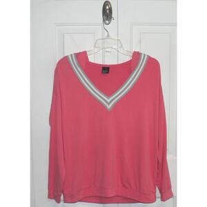Free Press Lightweight V-Neck Varsity Stripe Hoodie in Coral XSmall